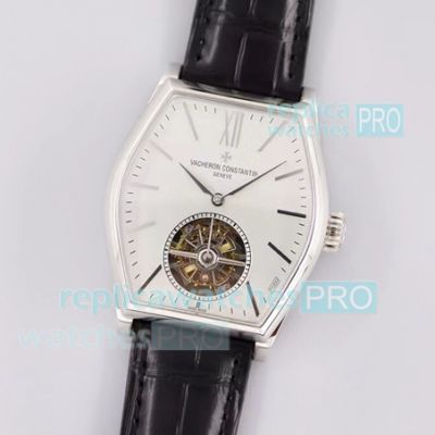 Swiss Replica Vacheron Constantin Malte Tourbillon Watch SS Grey Dial Black Leather Strap